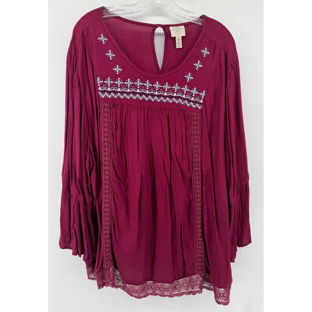 St Johns Bay Burgundy Embroidered Lace Trim Bell Sleeve Peasant Blouse 3X